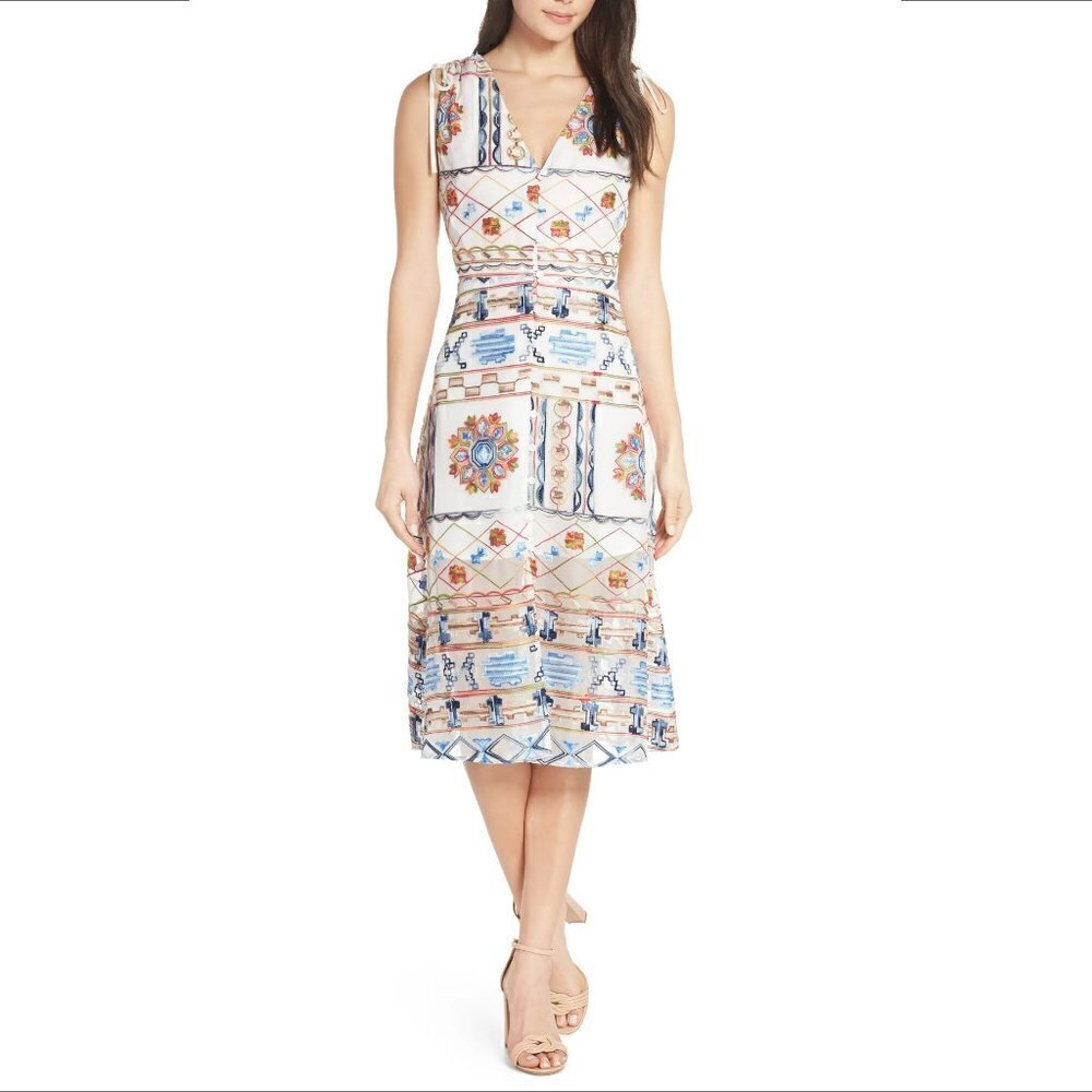 Ali & Jay La Cita midi embroidery dress white chiffon ruching tie new Medium